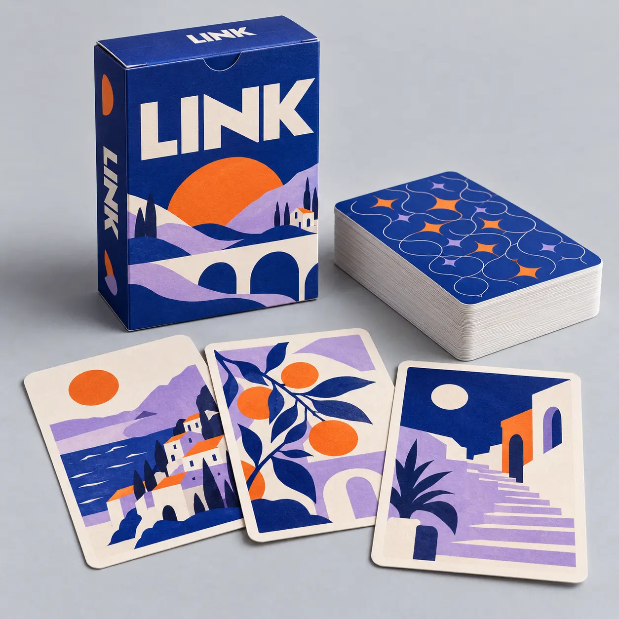 Illustrative custom 100-card game with original example artwork; made-to-order production