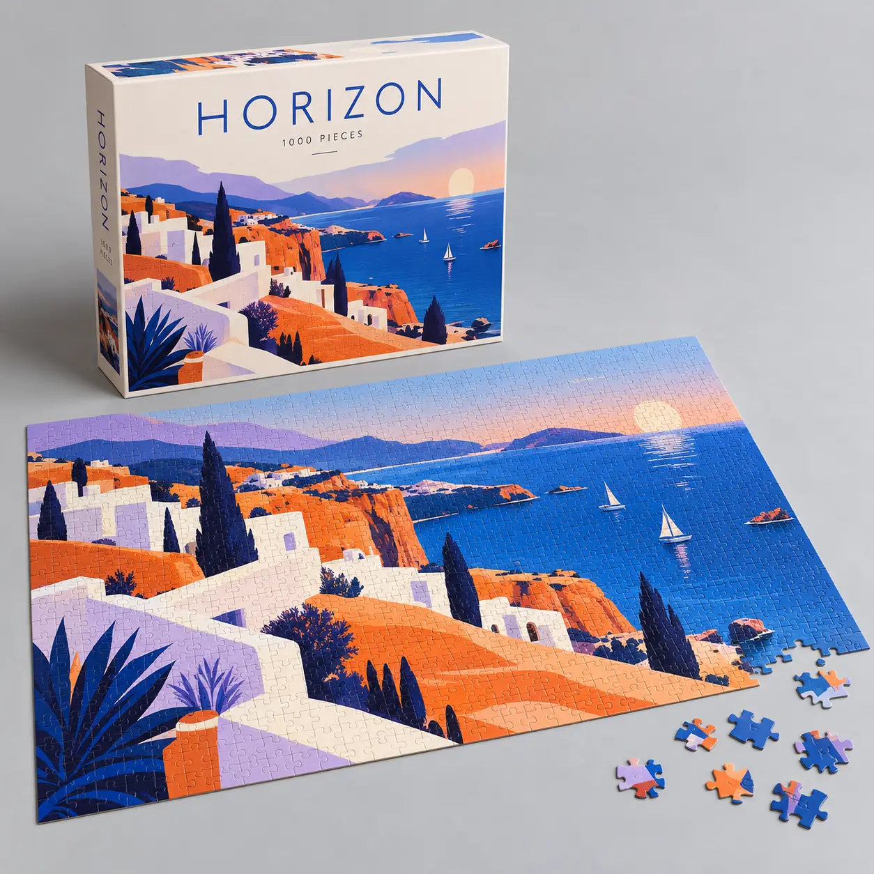 Illustrative custom 1000-piece jigsaw puzzle with original example artwork; made-to-order production