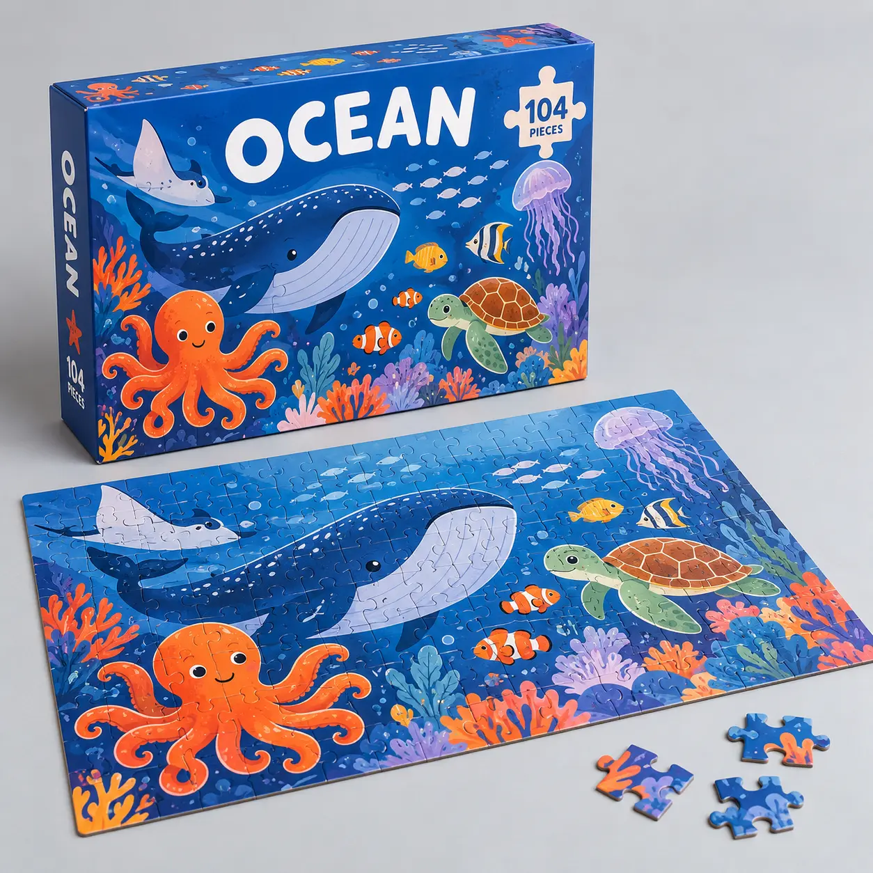 Illustrative custom 104-piece children’s puzzle with original example artwork; made-to-order production