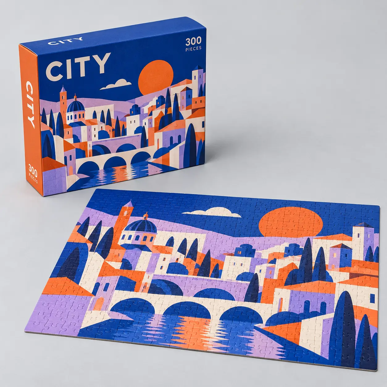Illustrative custom 300-piece jigsaw puzzle with original example artwork; made-to-order production