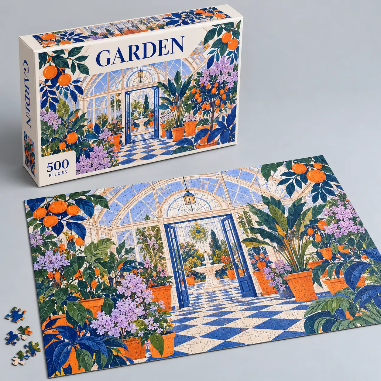 Illustrative custom 500-piece jigsaw puzzle with original example artwork; made-to-order production