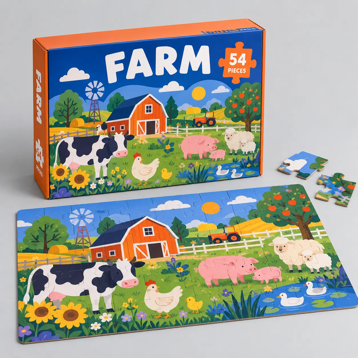 Illustrative custom 54-piece children’s puzzle with original example artwork; made-to-order production