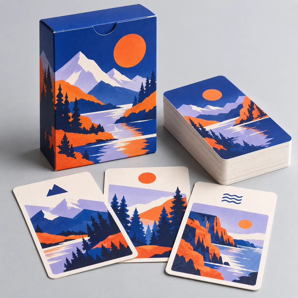 Illustrative custom large game cards with original example artwork; made-to-order production