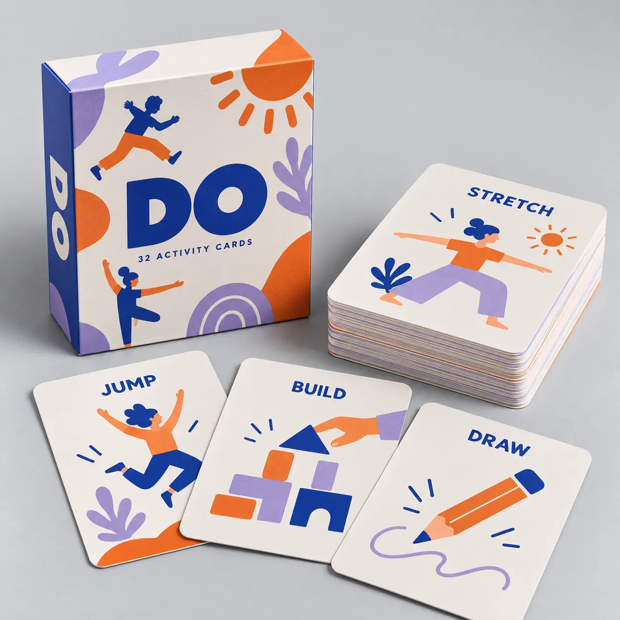 Illustrative custom a6 activity cards with original example artwork; made-to-order production