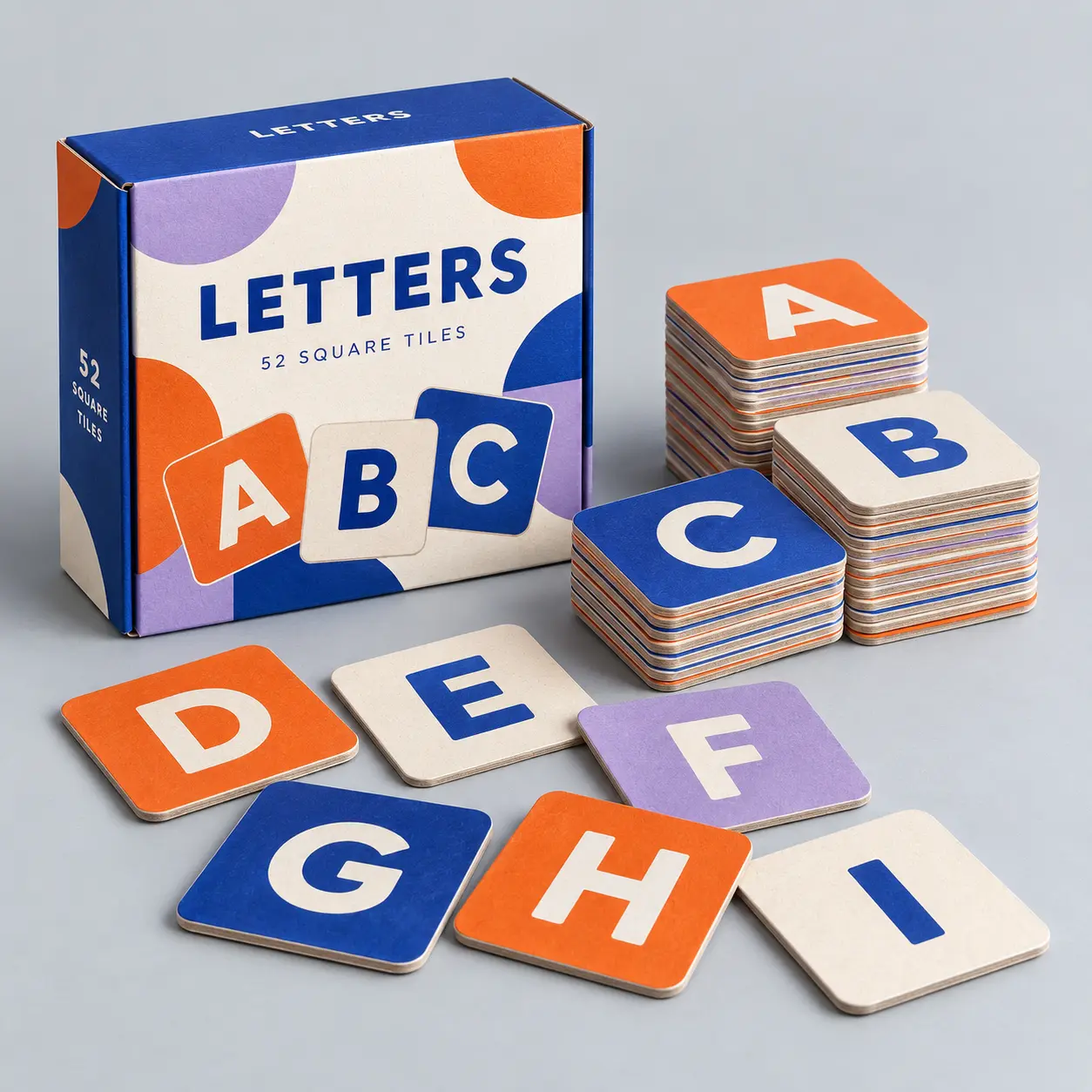 Illustrative custom alphabet tile set with original example artwork; made-to-order production