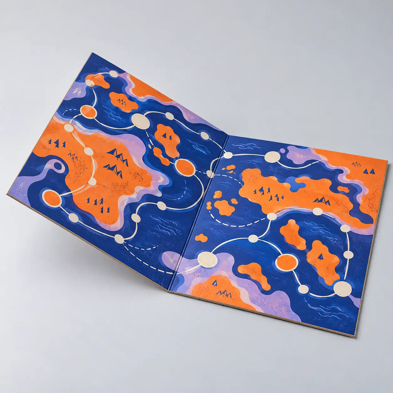 Illustrative custom bi-fold game board with original example artwork; made-to-order production