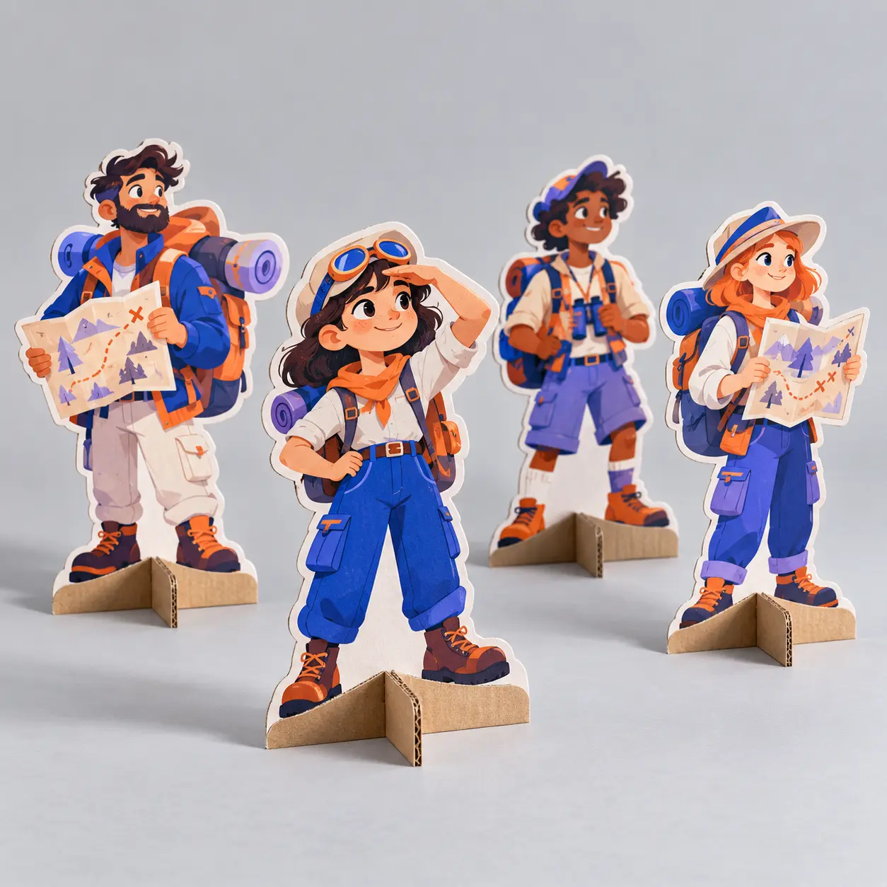 Illustrative custom cardboard standees with original example artwork; made-to-order production