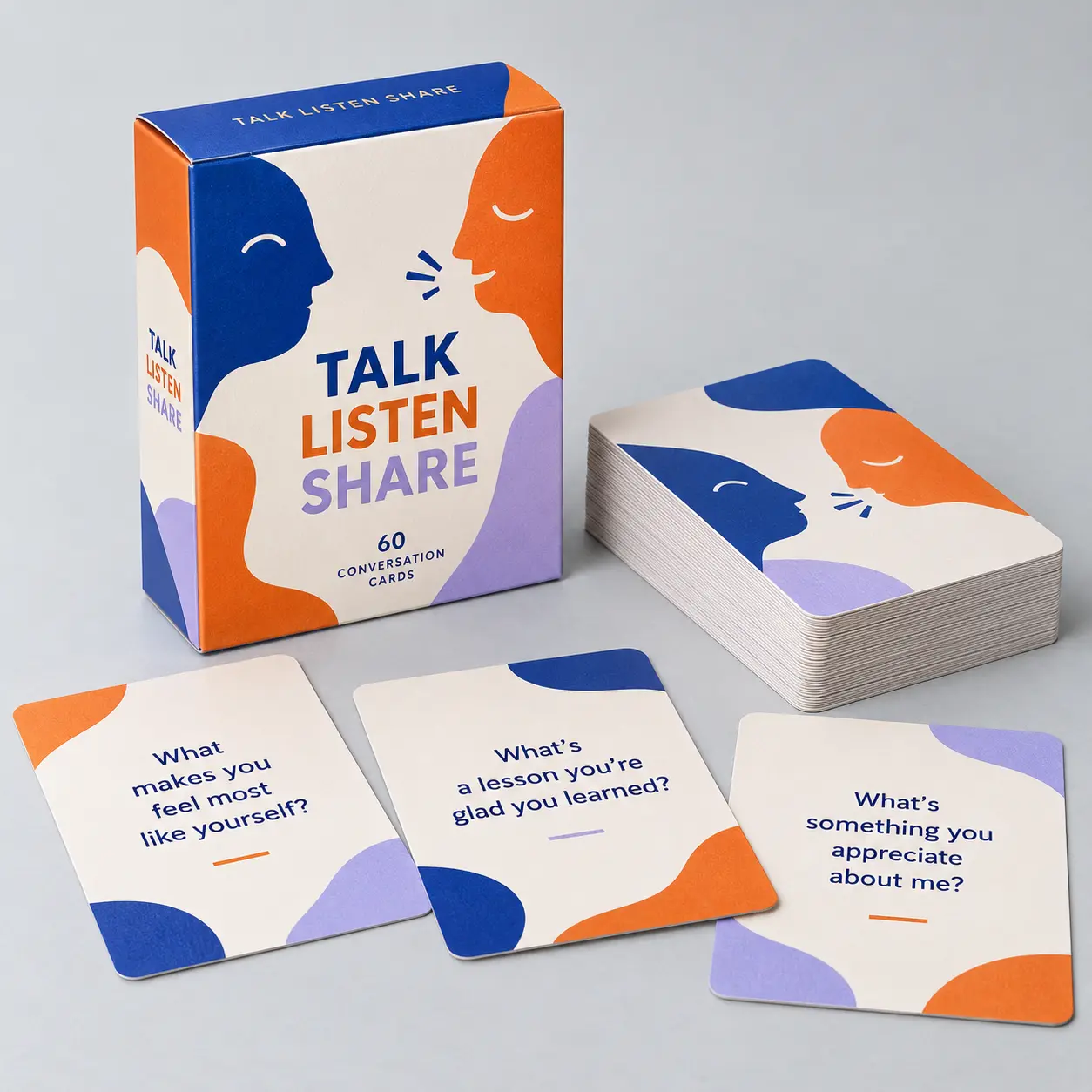 Illustrative custom conversation cards with original example artwork; made-to-order production