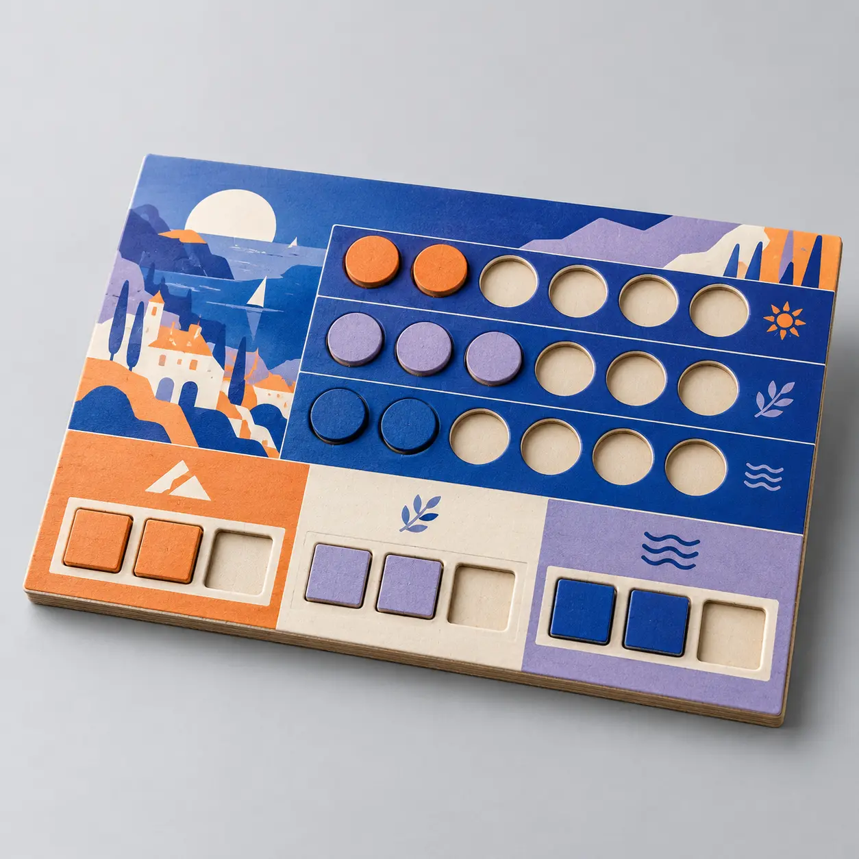 Illustrative custom double-layer player board with original example artwork; made-to-order production