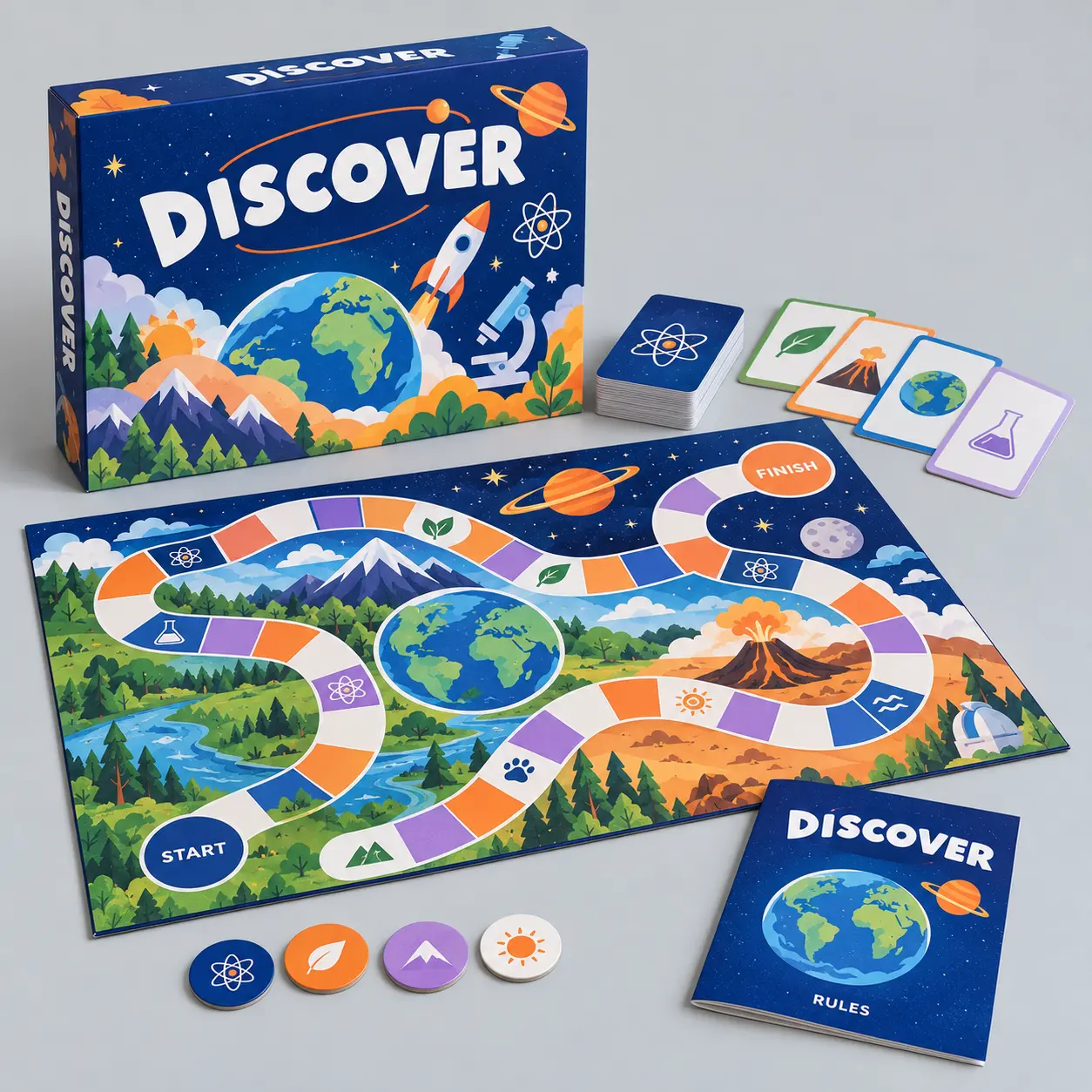 Illustrative custom educational board game with original example artwork; made-to-order production