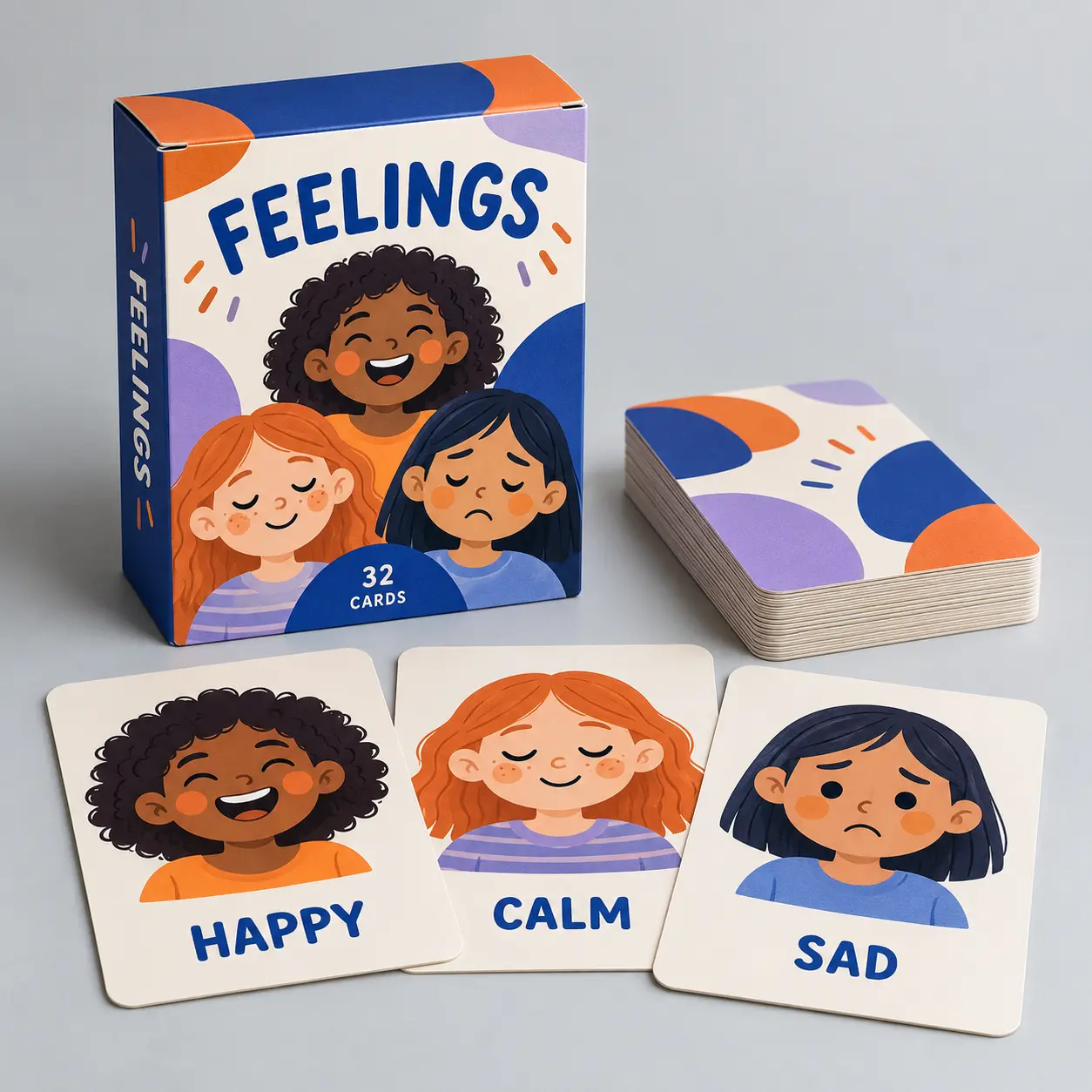 Illustrative custom emotion learning cards with original example artwork; made-to-order production