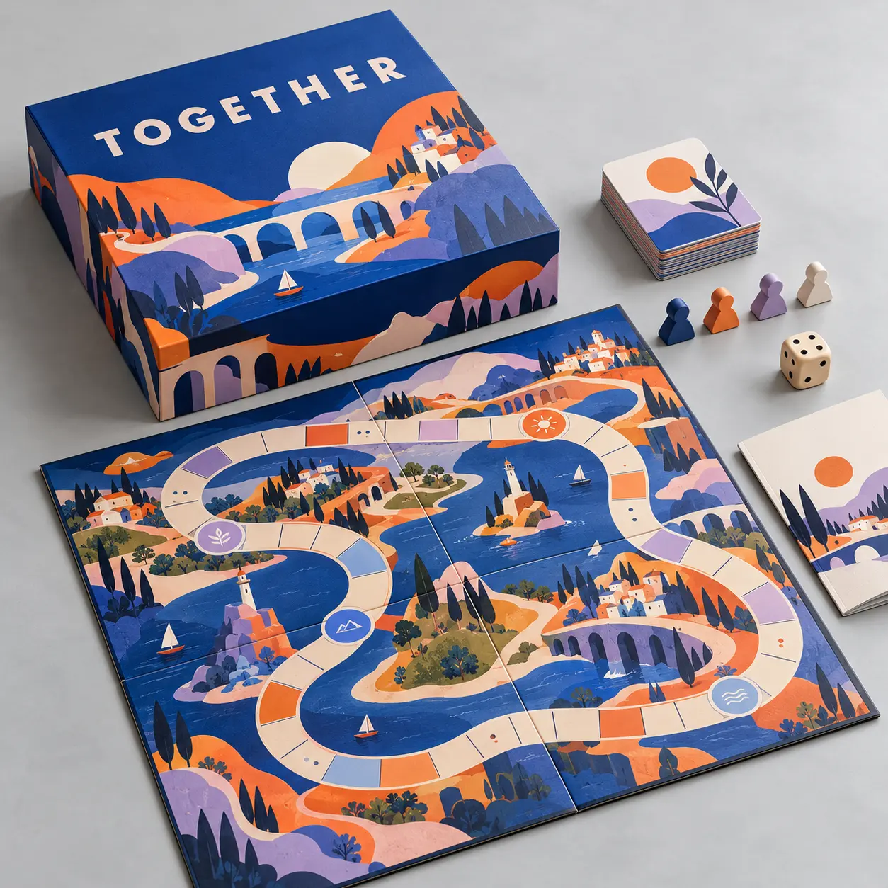 Illustrative custom family board game with original example artwork; made-to-order production