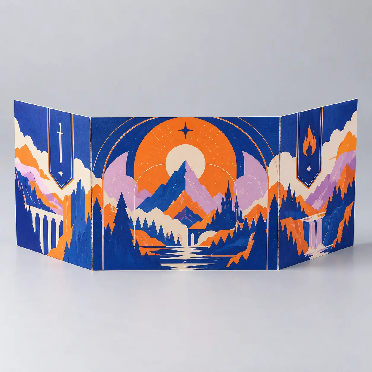Illustrative custom folding player screen with original example artwork; made-to-order production