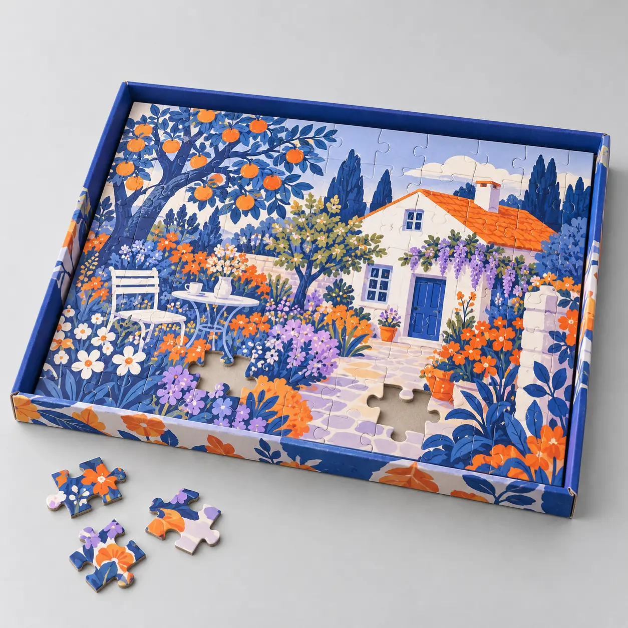 Illustrative custom frame tray puzzle with original example artwork; made-to-order production