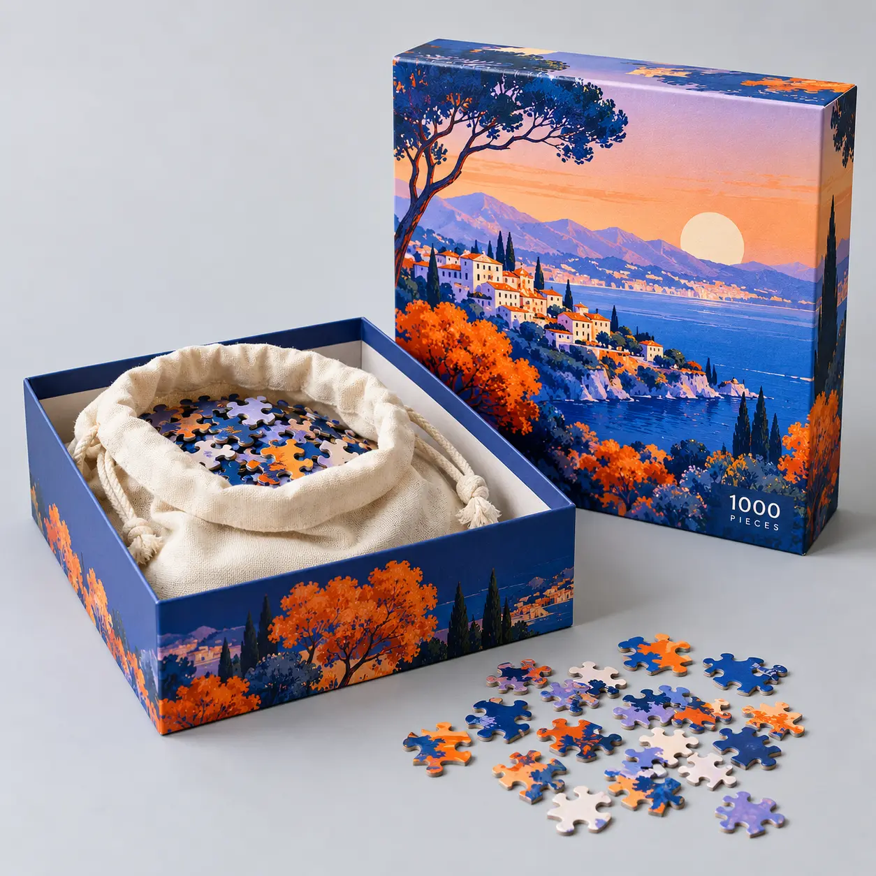 Illustrative custom gift puzzle with cotton bag with original example artwork; made-to-order production