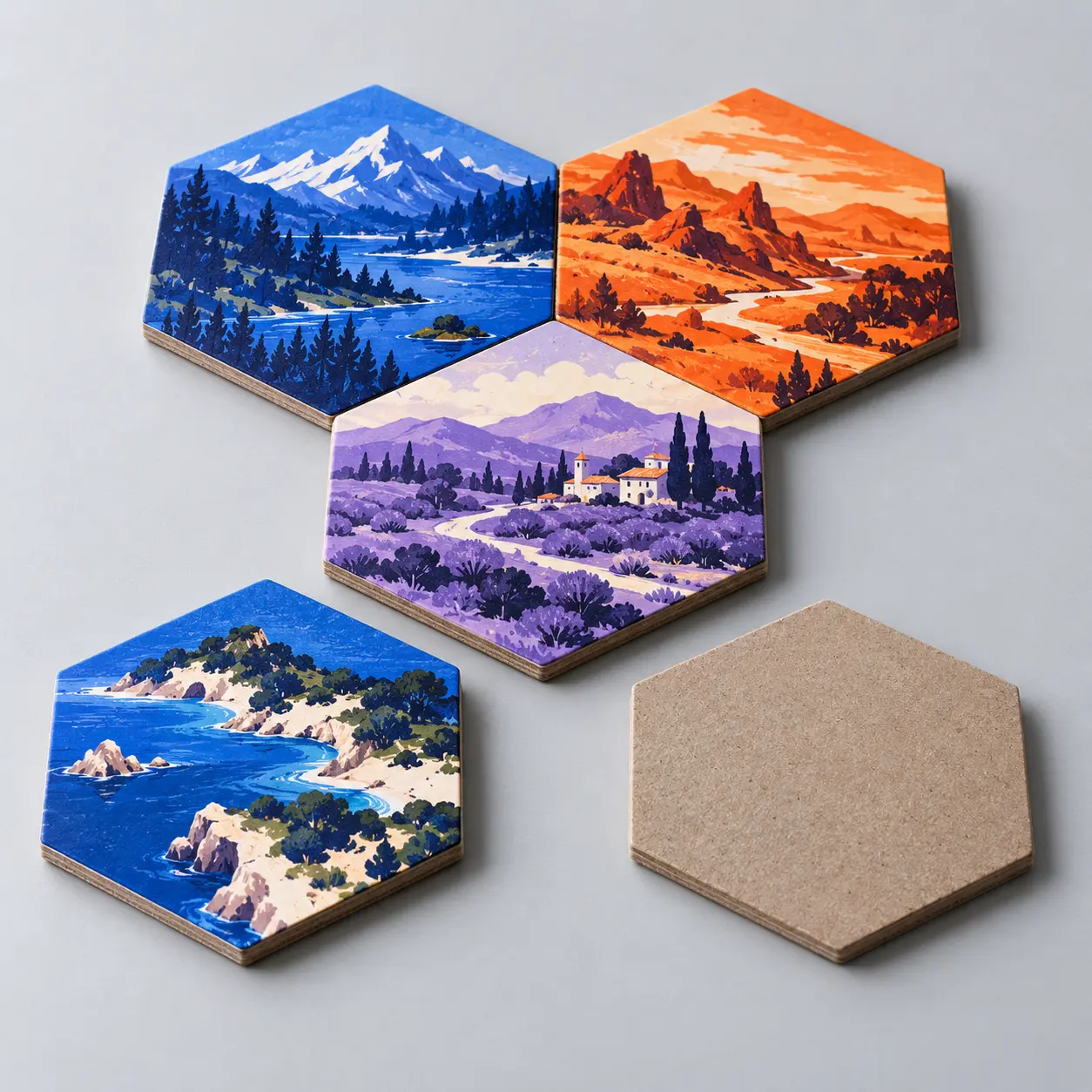 Illustrative custom hexagonal game tiles with original example artwork; made-to-order production