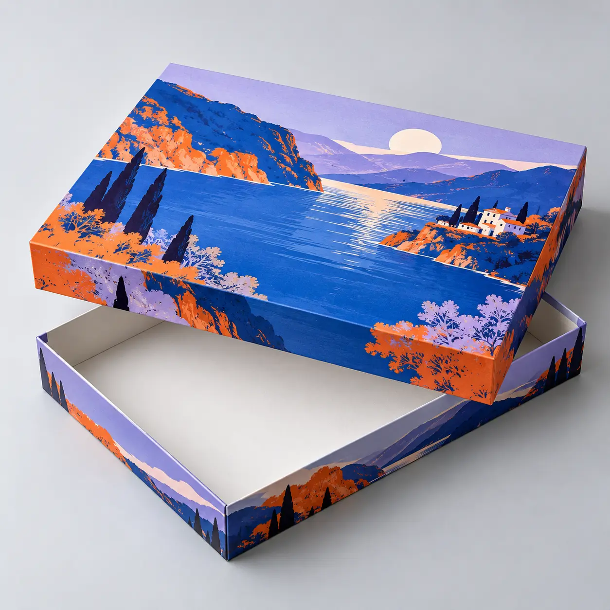Illustrative custom jigsaw puzzle box with original example artwork; made-to-order production