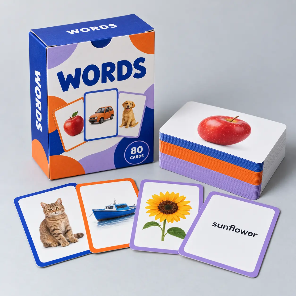 Illustrative custom language learning cards with original example artwork; made-to-order production