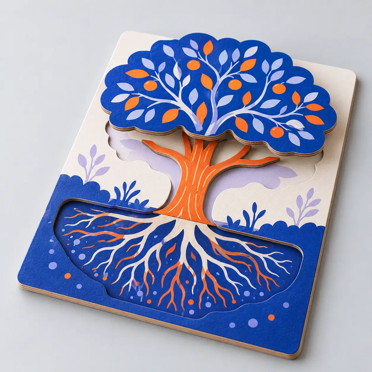 Illustrative custom layered cardboard puzzle with original example artwork; made-to-order production