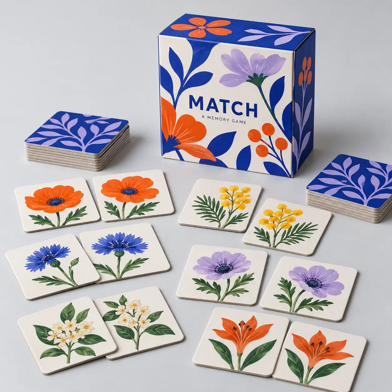 Illustrative custom memory game with 24 tiles with original example artwork; made-to-order production