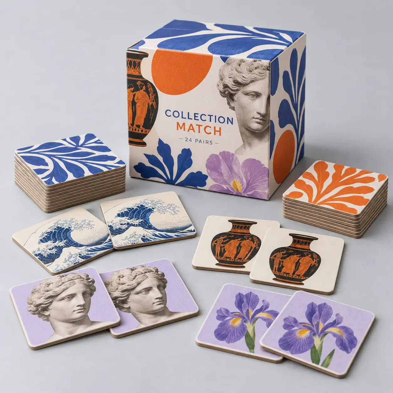 Illustrative custom memory game with 48 tiles with original example artwork; made-to-order production