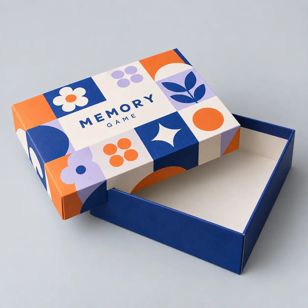 Illustrative custom memory game box with original example artwork; made-to-order production