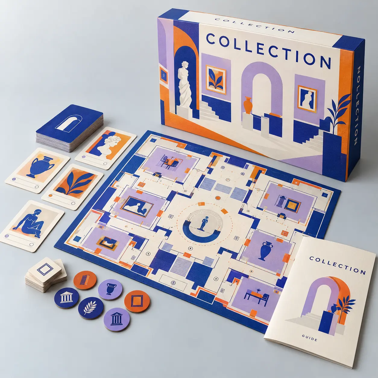 Illustrative custom museum board game with original example artwork; made-to-order production