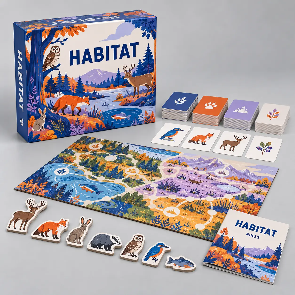 Illustrative custom nature board game with original example artwork; made-to-order production