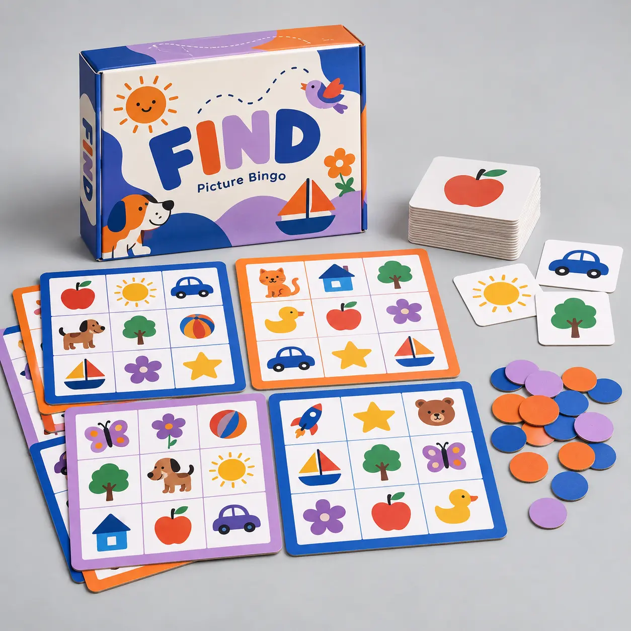 Illustrative custom picture bingo game with original example artwork; made-to-order production