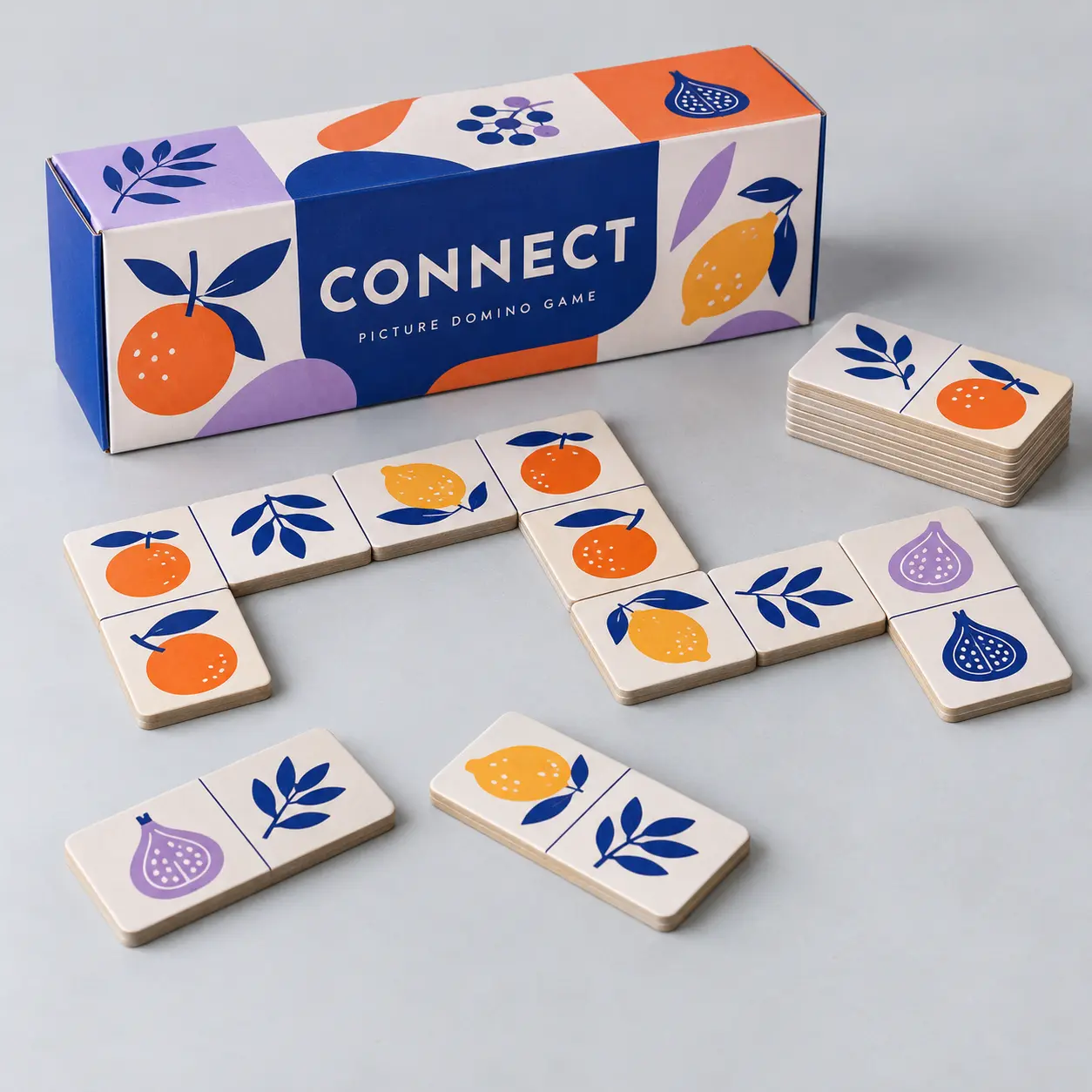 Illustrative custom picture domino game with original example artwork; made-to-order production