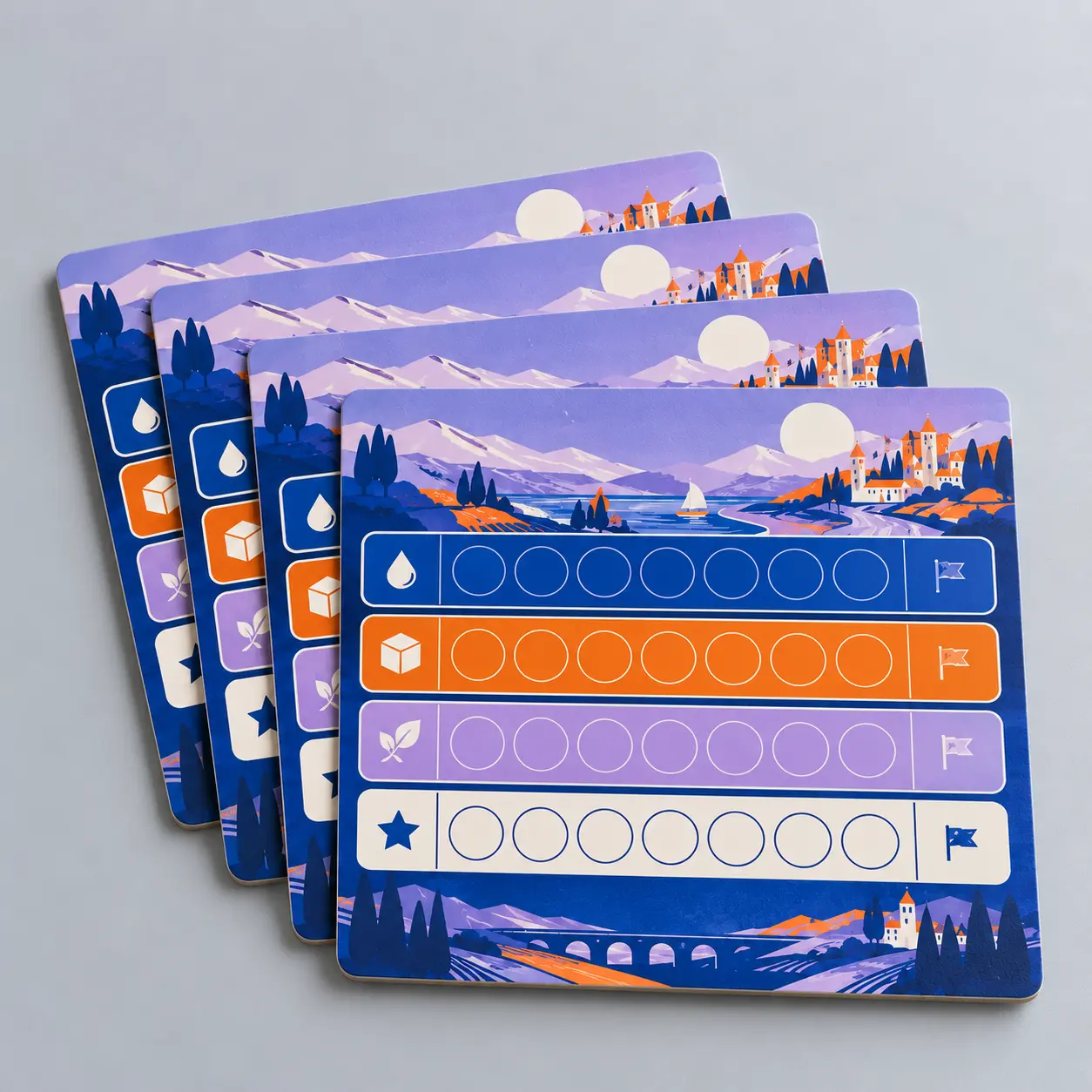 Illustrative custom player board set with original example artwork; made-to-order production