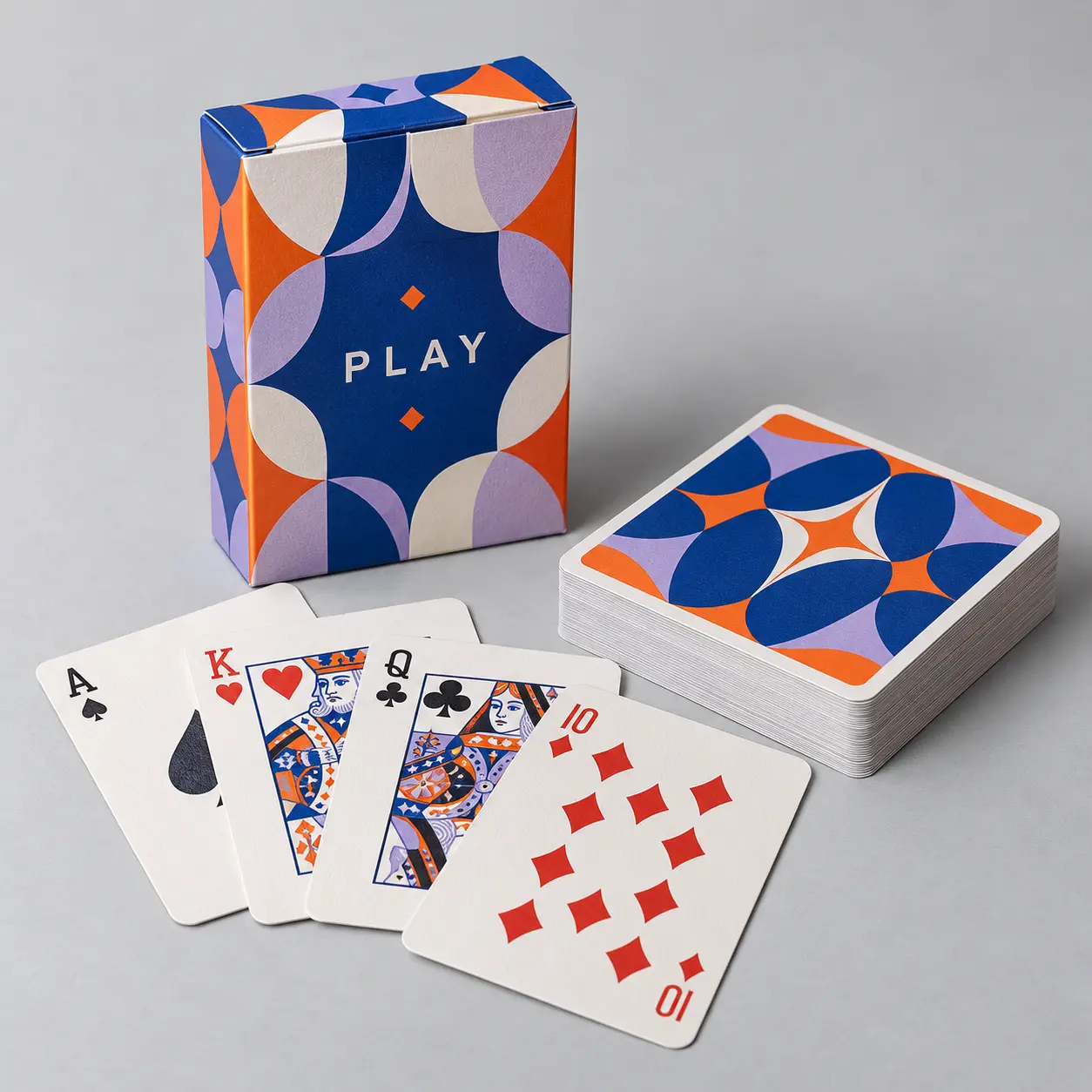 Illustrative custom poker playing cards with original example artwork; made-to-order production