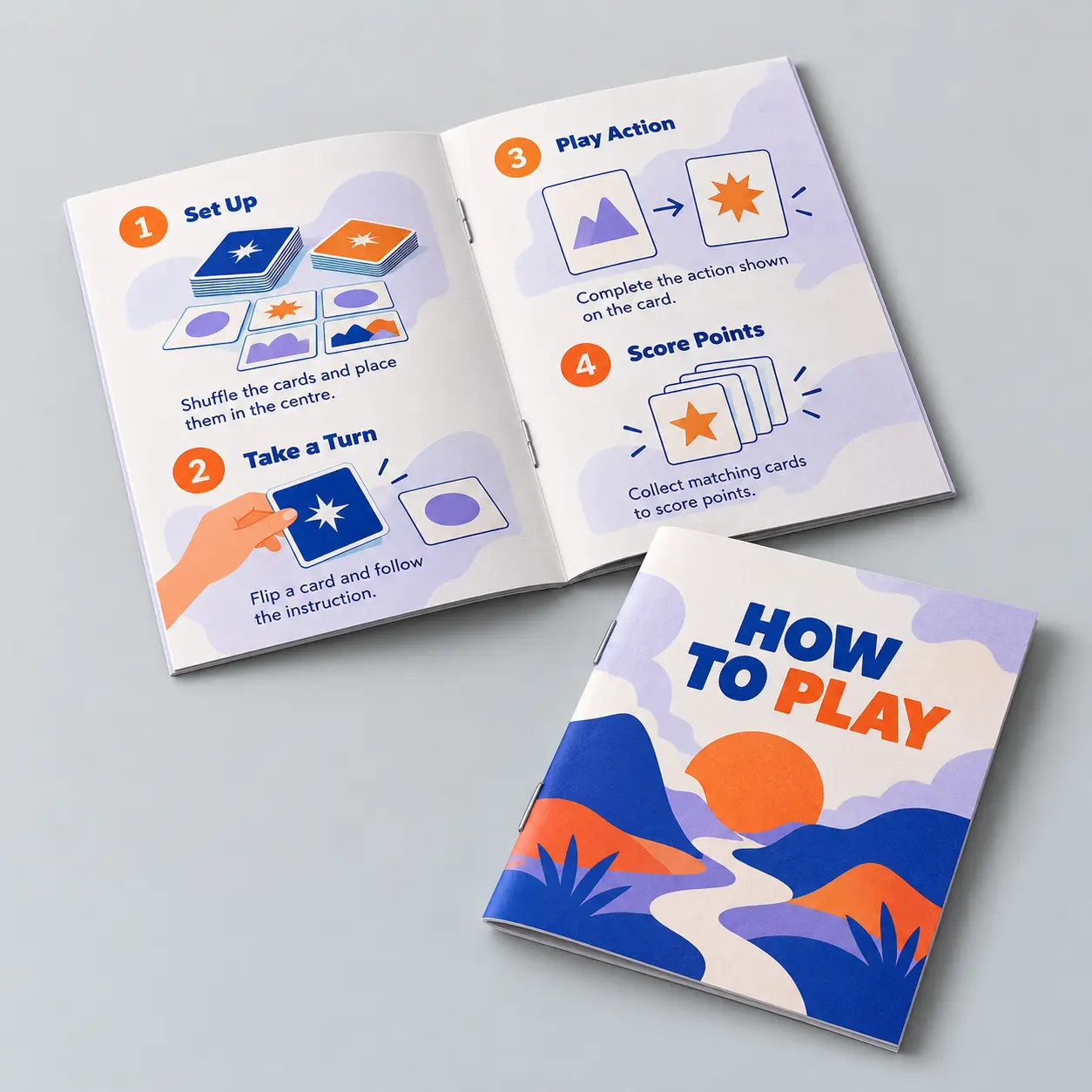 Illustrative custom printed game rulebook with original example artwork; made-to-order production