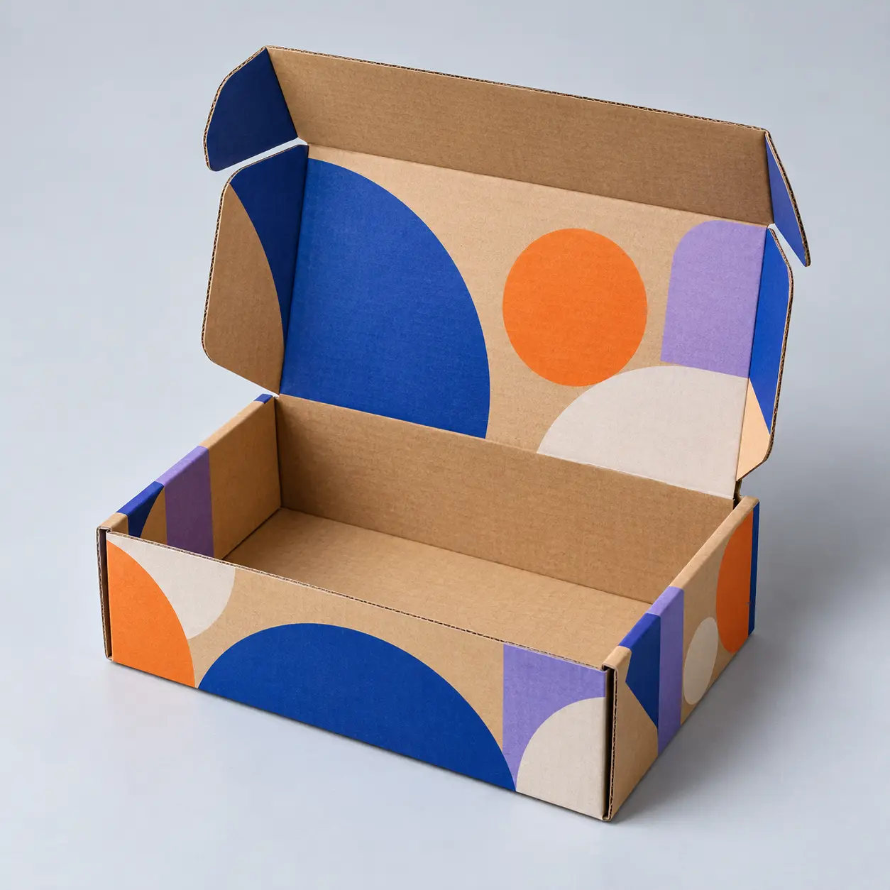 Illustrative custom printed mailer box with original example artwork; made-to-order production