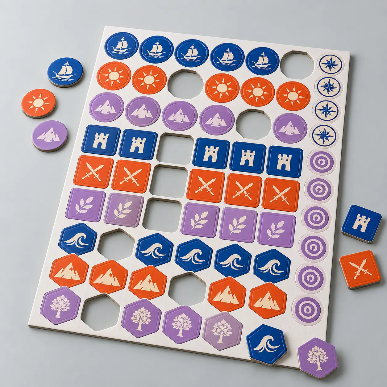 Illustrative custom punchboard token sheet with original example artwork; made-to-order production
