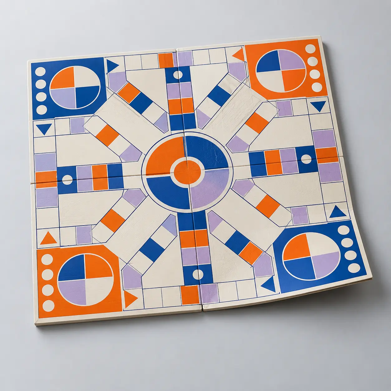 Illustrative custom quad-fold game board with original example artwork; made-to-order production