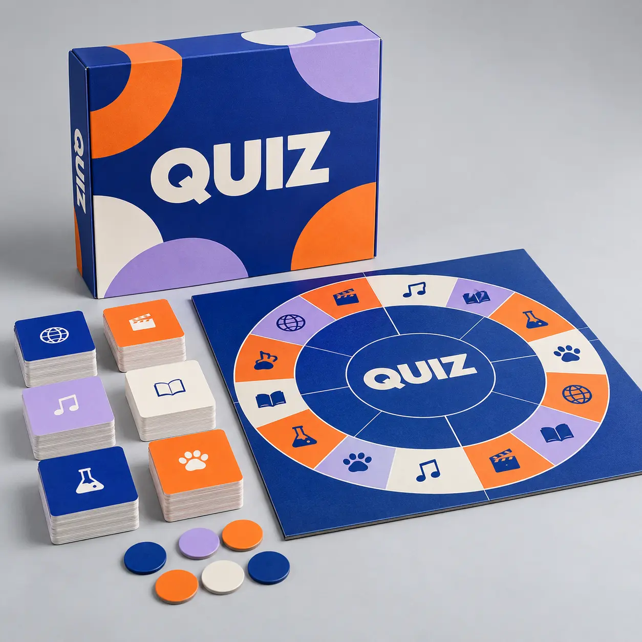 Illustrative custom quiz board game with original example artwork; made-to-order production