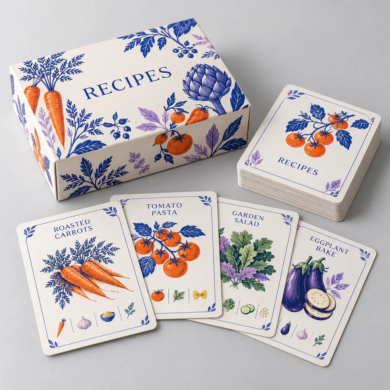 Illustrative custom recipe card set with original example artwork; made-to-order production