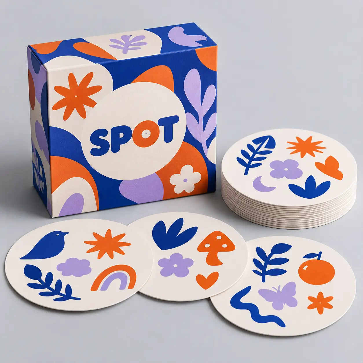 Illustrative custom round playing cards with original example artwork; made-to-order production