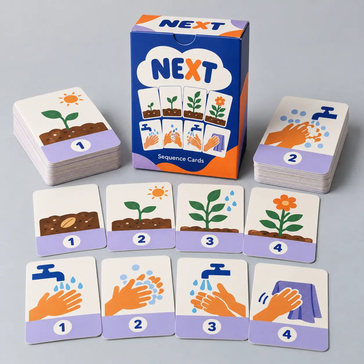 Illustrative custom sequence learning cards with original example artwork; made-to-order production