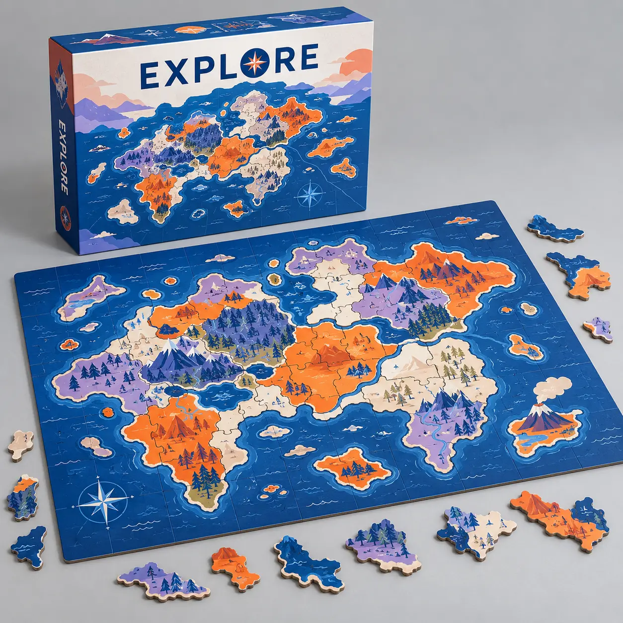 Illustrative custom shaped map puzzle with original example artwork; made-to-order production