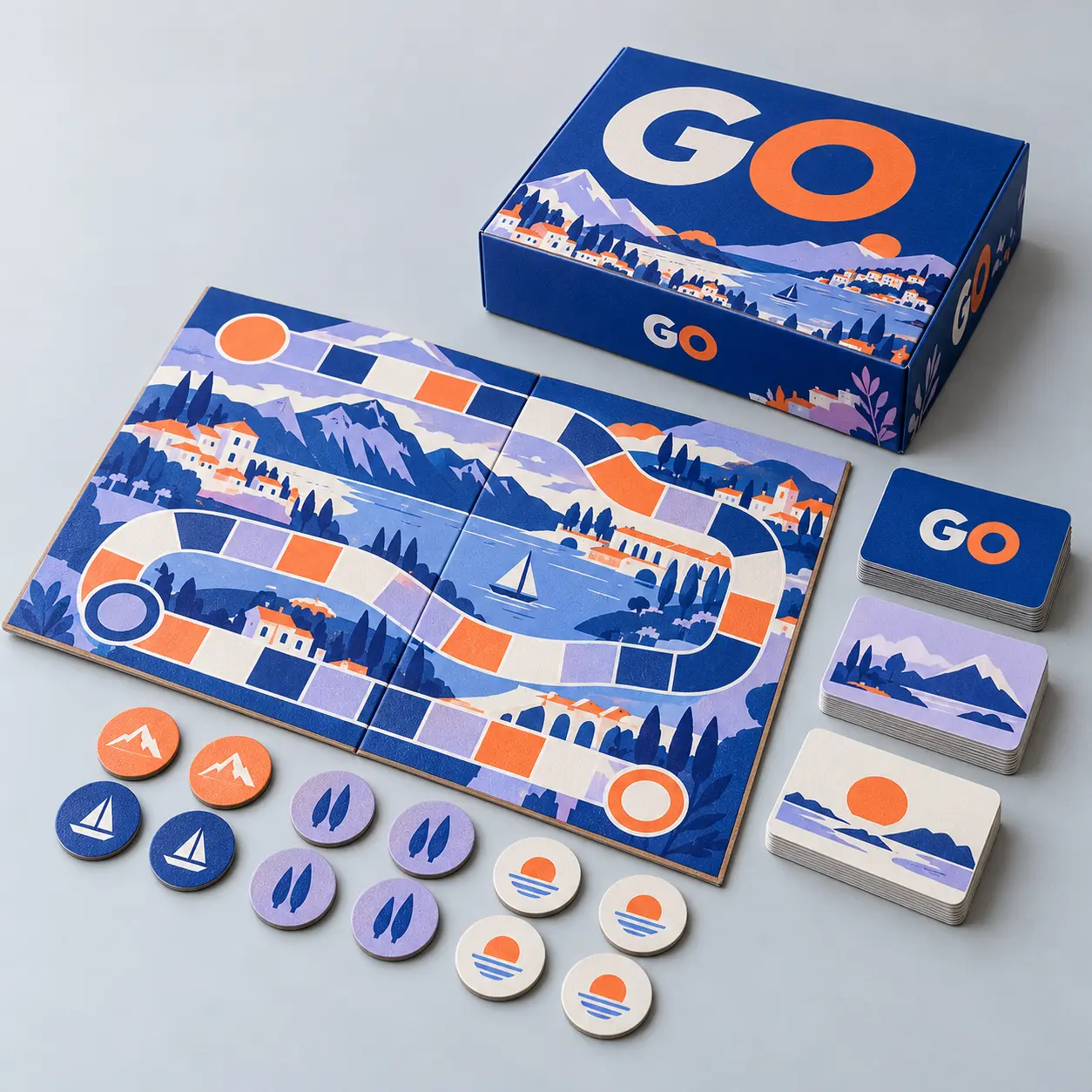 Illustrative custom travel board game with original example artwork; made-to-order production