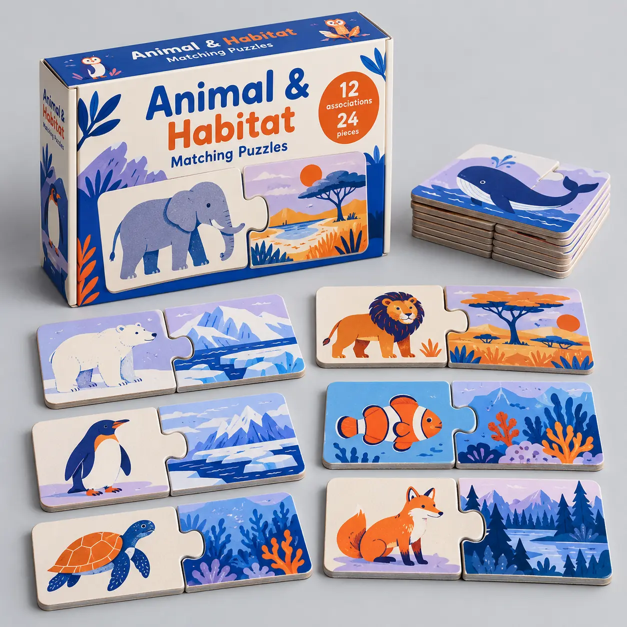 Illustrative custom two-piece matching puzzle with original example artwork; made-to-order production